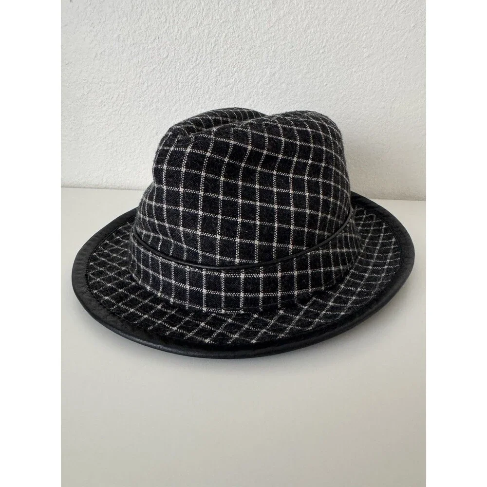 Perry Ellis Fedora Trilby Hat S/M Black Gray Plaid Wool Blend